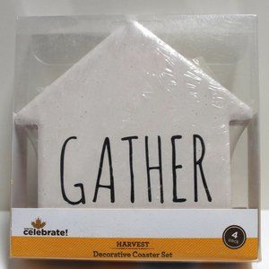 4 Pack of House Shaped Gather Decorative Coaster Set Made of Stoneware & Cork